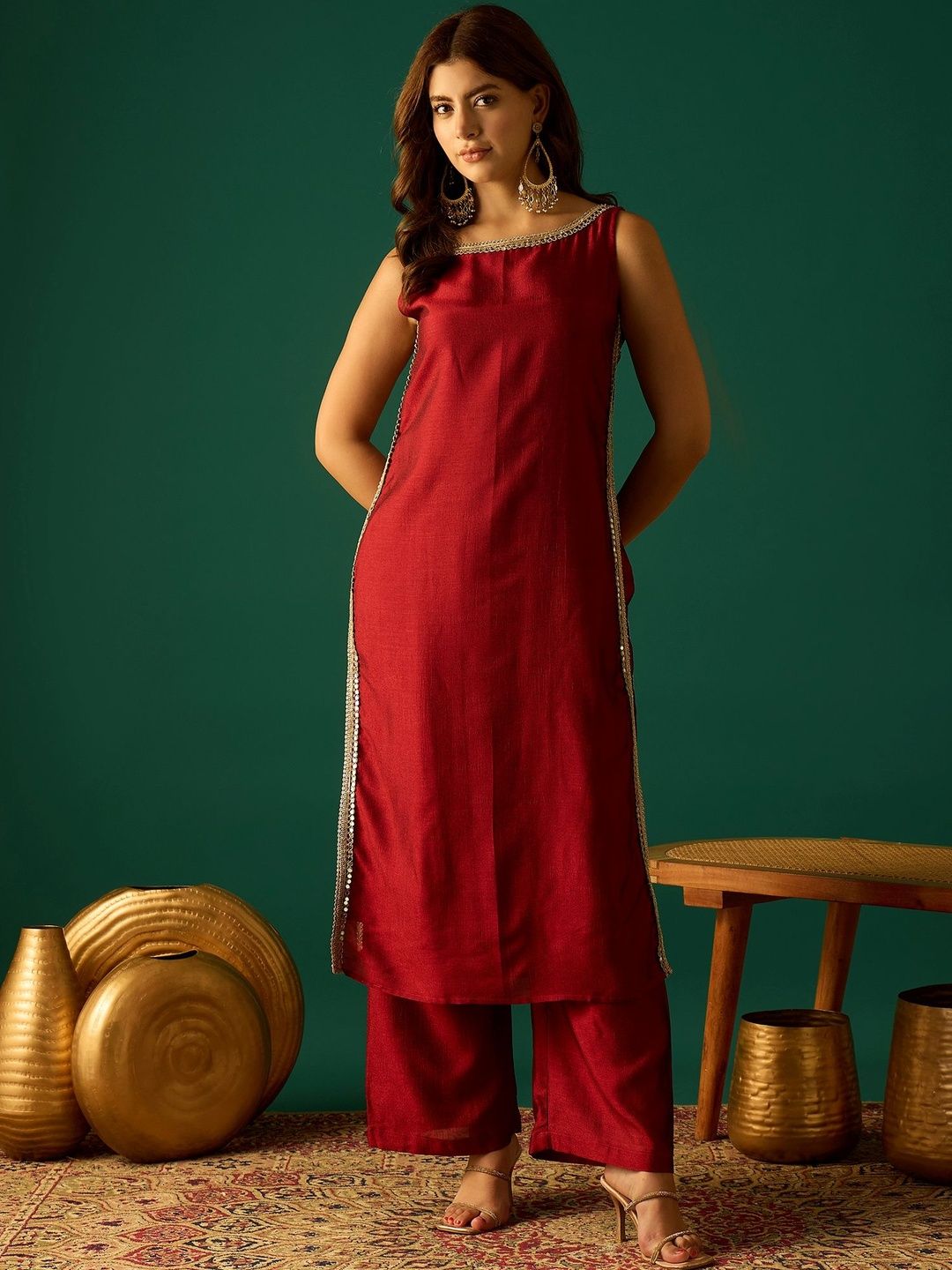 Red Women Regular Sequinned Kurta with Trousers