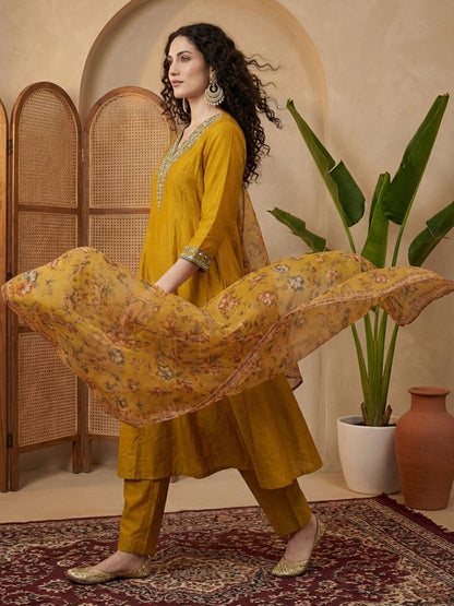 Embroidered V-Neck Kurta & Trousers With Dupatta