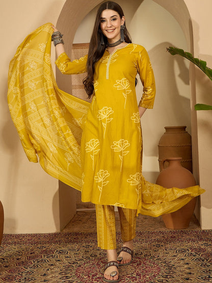 Women Floral Printed Regular Mirror Work Kurta with Trousers & With Dupatta