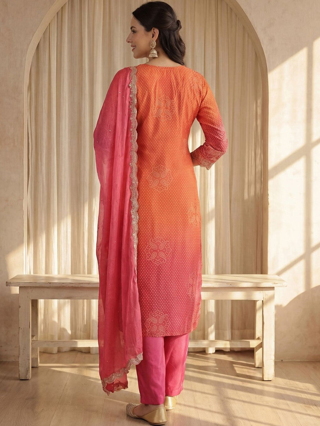 Women Bandhani Printed Regular Sequinned Kurta with Trousers & With Dupatta