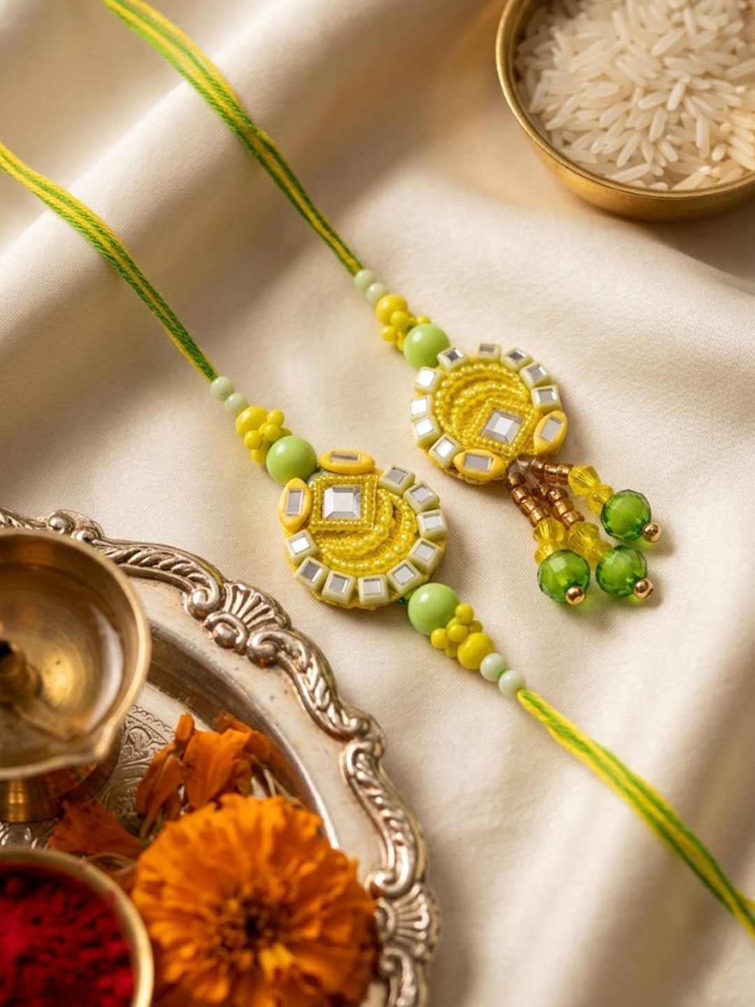 Dhiyona Set Of 2 Artificial Beads Mirror Work Bhaiya Bhabhi Rakhi With Roli Chawal Chandan