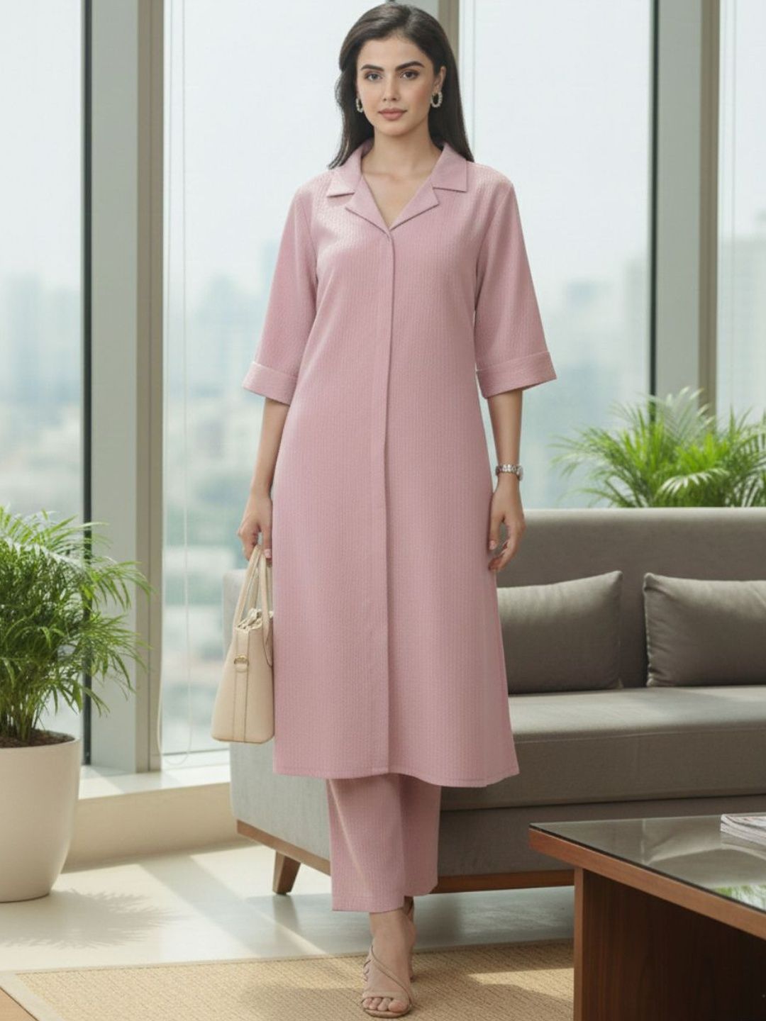 Pink Women Regular Silk Crepe Kurta with Trousers