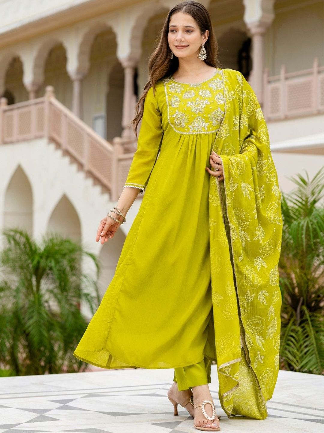 Dhiyona KL Floral Embroidered Empire Sequinned A-Line Kurta With Trousers & Dupatta