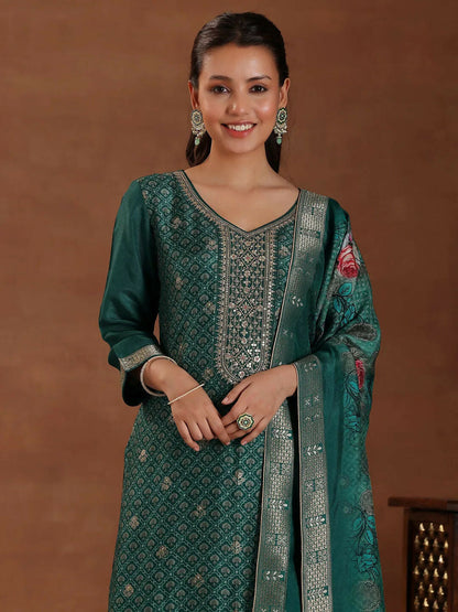 Women's LB Teal Printed Silk Blend Straight Suit With Dupatta