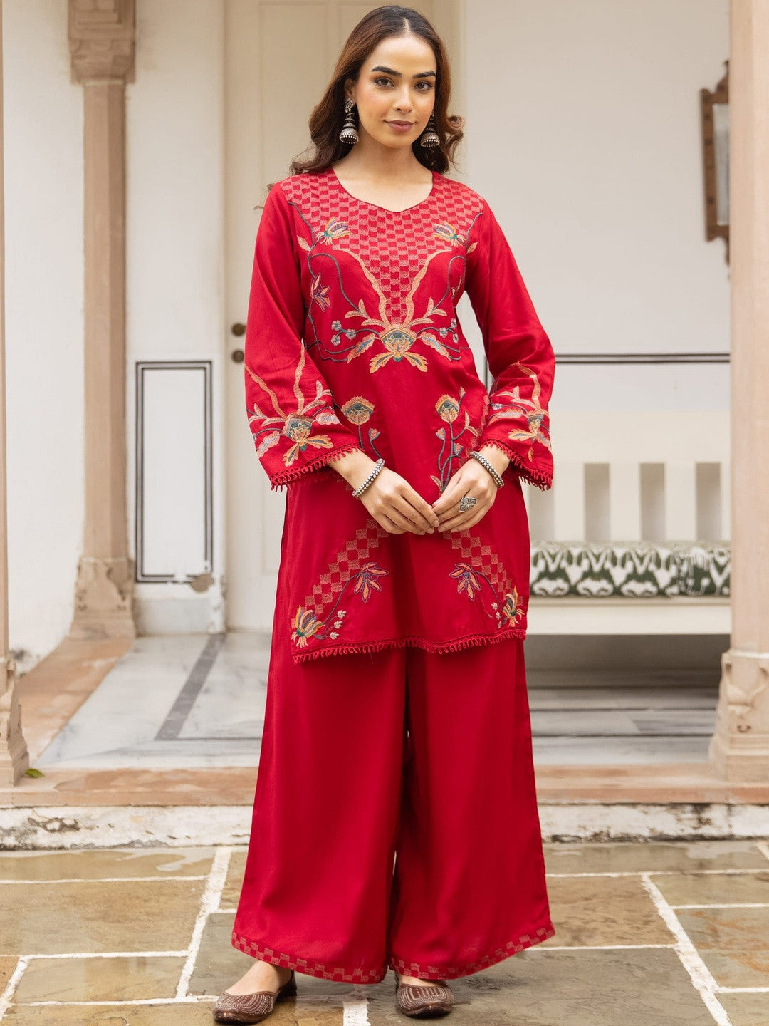 Embroidered Round Neck Kurti & Palazzos