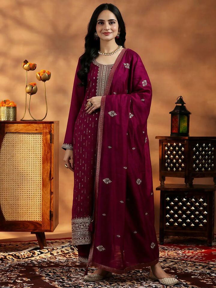 Women's LB Maroon Embroidered Silk Blend Straight Suit With Dupatta