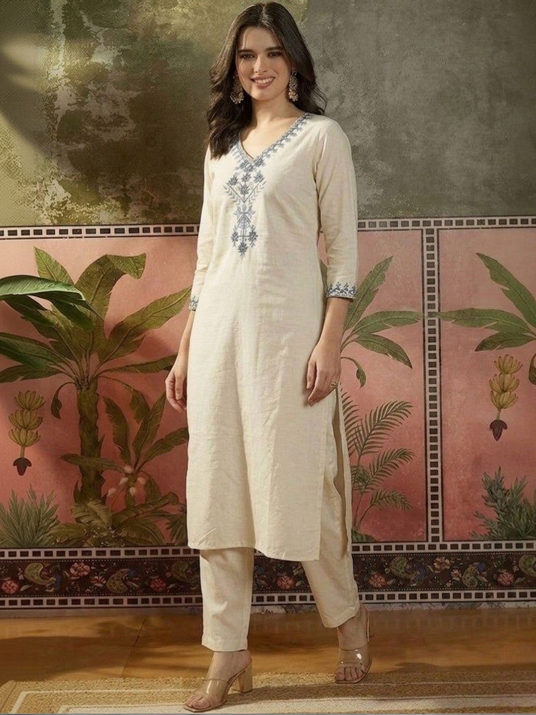 Embroidered Pure Cotton V-Neck Kurta & Trousers With Dupatta
