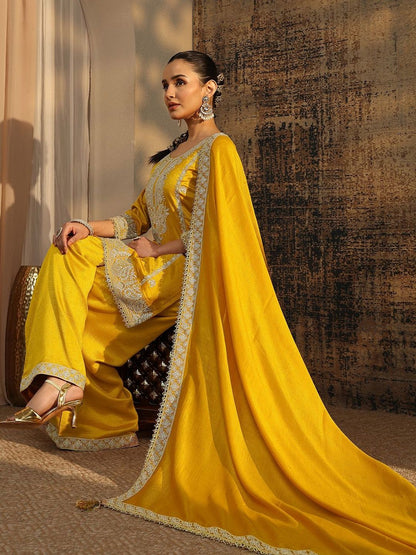 Dhiyona LL Women Ethnic Motifs Embroidered Regular Thread Work Kurta with Palazzos & With Dupatta