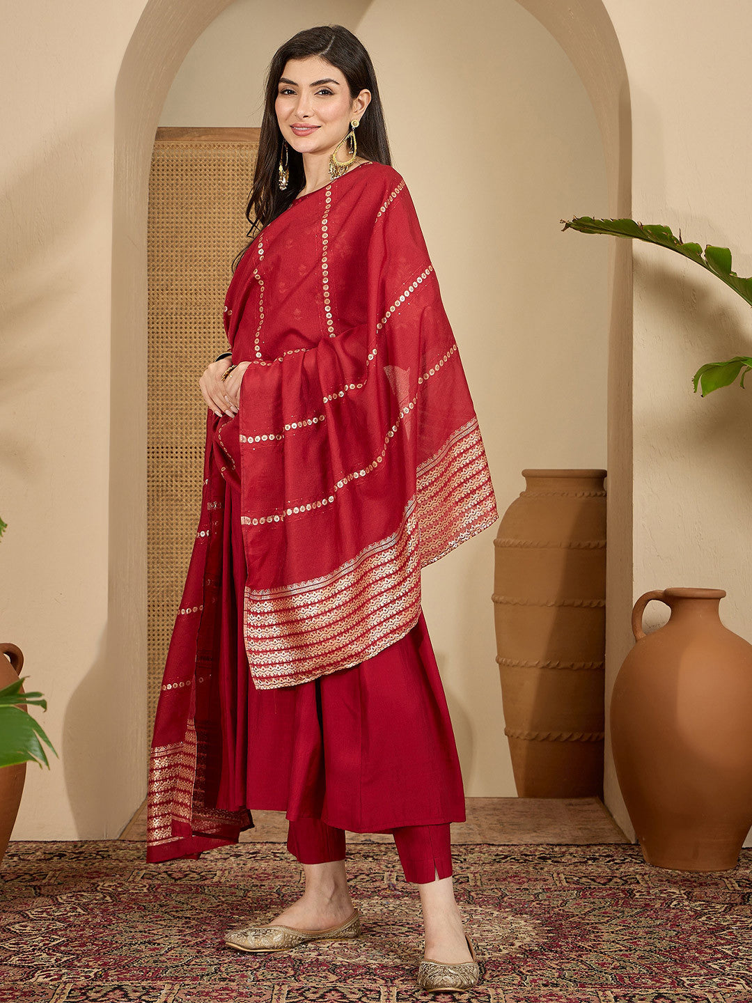 Floral Embroidered Empire A Line Kurta With Trousers & Dupatta