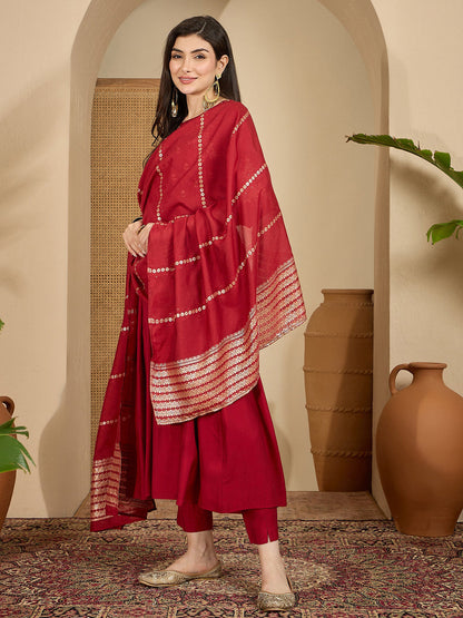Floral Embroidered Empire A Line Kurta With Trousers & Dupatta