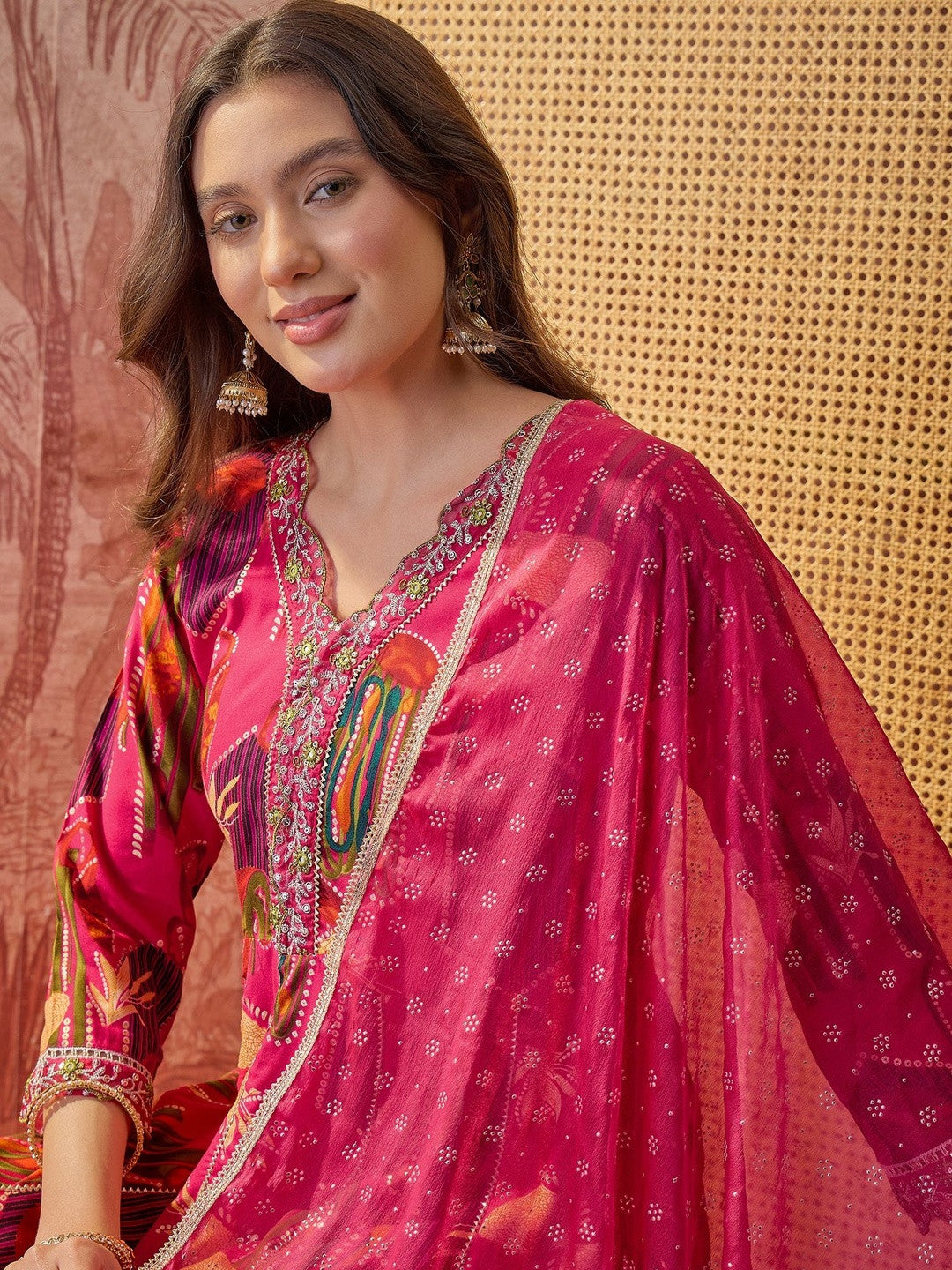 Women Festive Embroidered Anarkali Kurta Set With Tasseled Dupatta