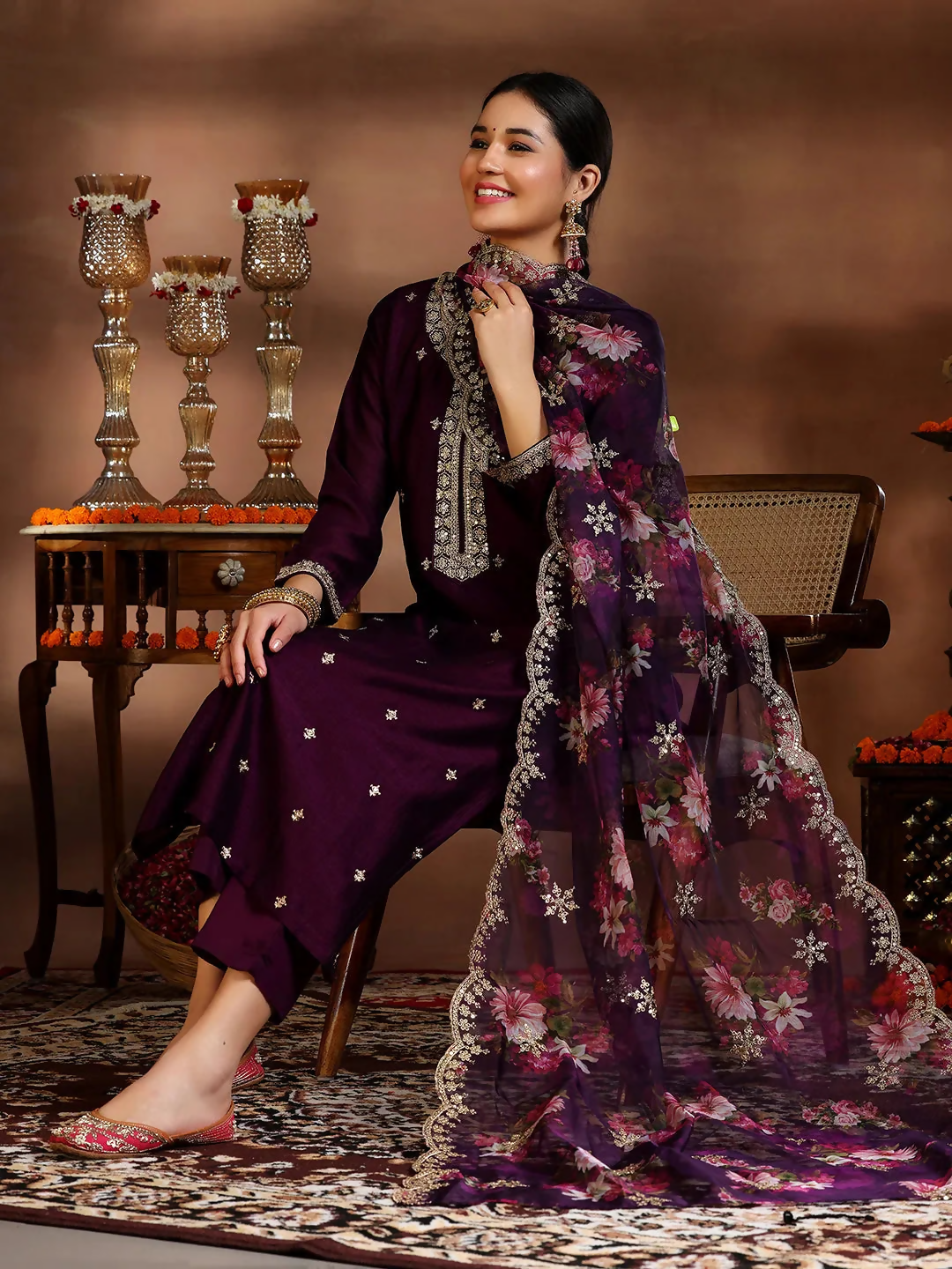 Women's LB Wine Embroidered Silk Blend Straight Suit With Dupatta