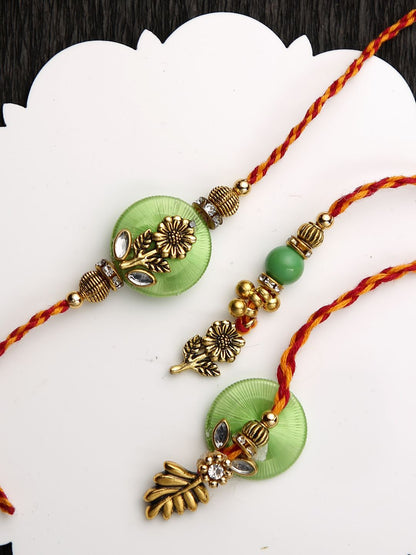 Dhiyona Floral Bhaiya Bhabhi Thread Rakhi With Roli Chawal & Greetings Card