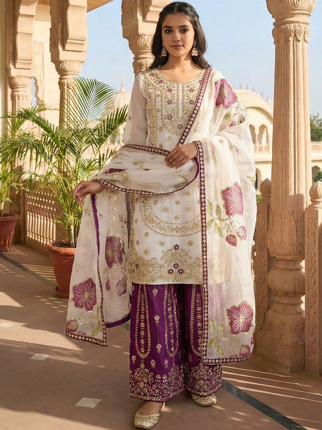 Dhiyona KL Women Ethnic Motifs Embroidered Regular Sequinned Kurta with Sharara & With Dupatta