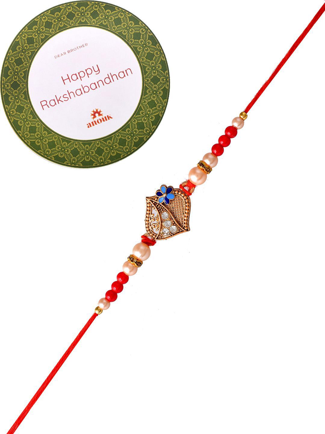 Dhiyona Gold-Toned Stone-Studded & Beaded Rakhi With Roli Chawal & Greeting Card