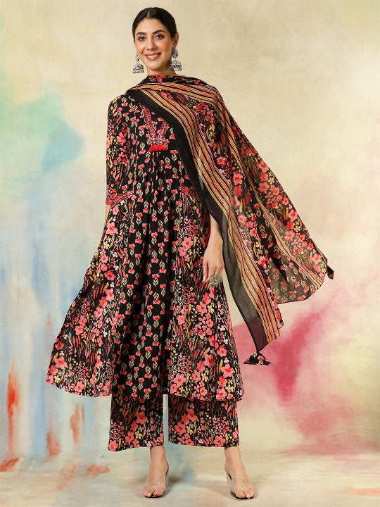 Women's Women Floral Printed Regular Pure Cotton Kurta with Trousers & With Dupatta