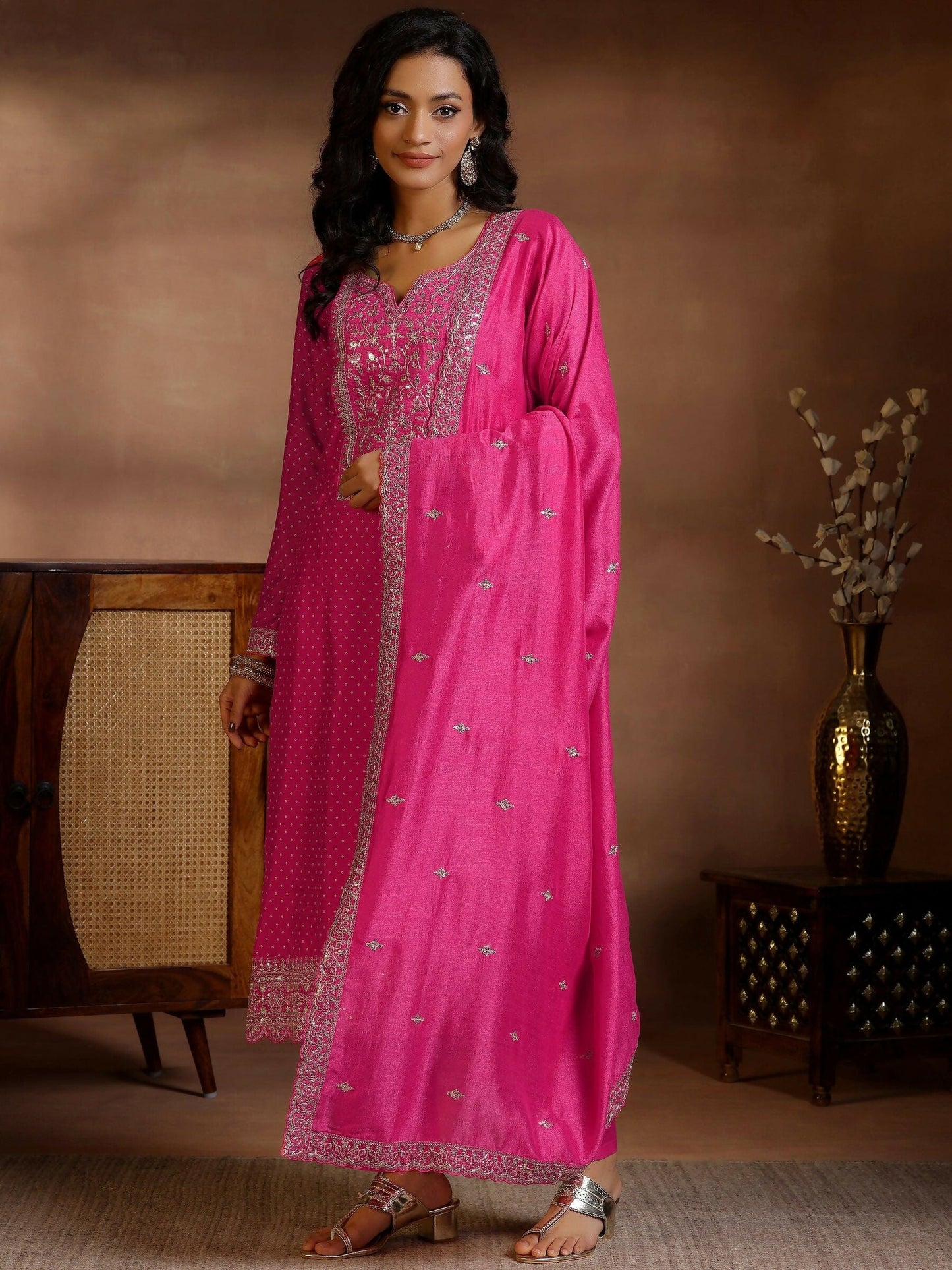 Women's LB Pink Printed Silk Blend Straight Suit With Dupatta