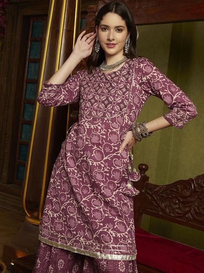 Dhiyona SN Women's Floral Printed Pleated Mirror Work Pure Cotton Kurta with Sharara & Dupatta