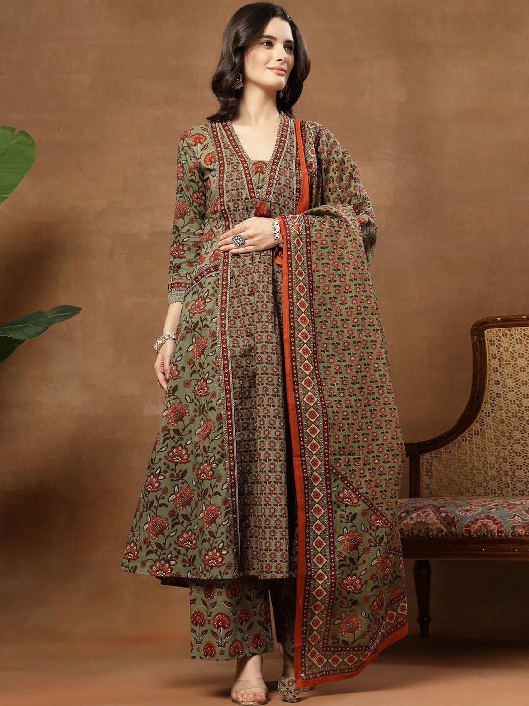 Printed Pure Cotton V-Neck Kurta & Palazzos With Dupatta