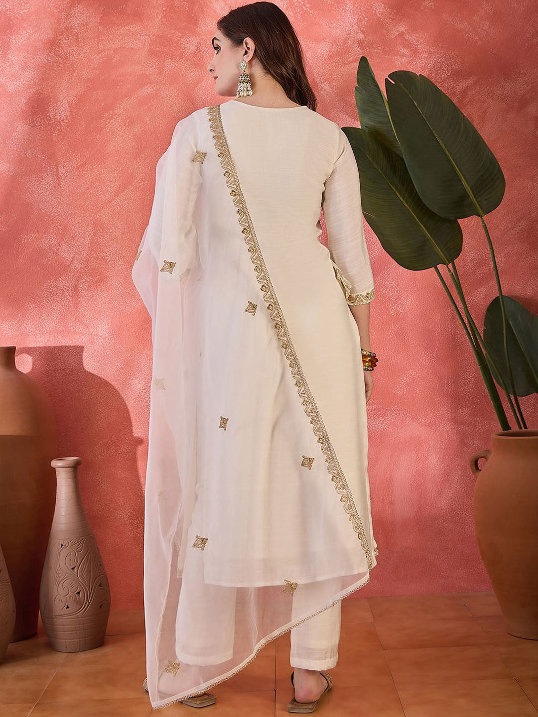 Zari Women Sequence Embroidered Straight Kurta & Trousers With Dupatta
