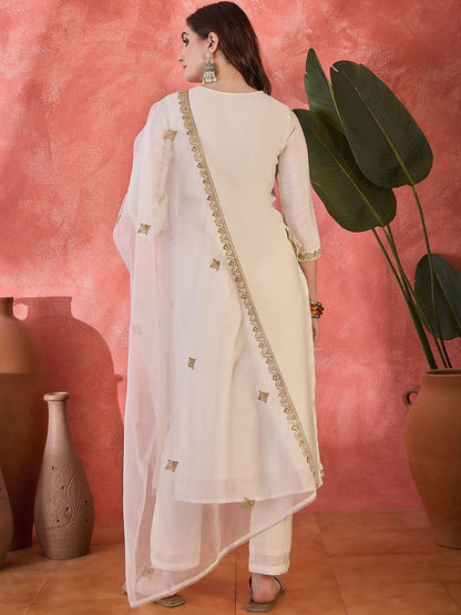 Zari Women Sequence Embroidered Straight Kurta & Trousers With Dupatta