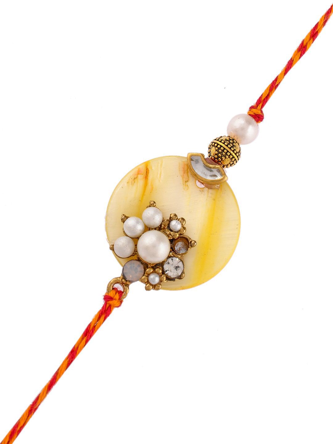 Dhiyona White Pearl-Beaded Rakhi With Roli Chawal & Greeting Card