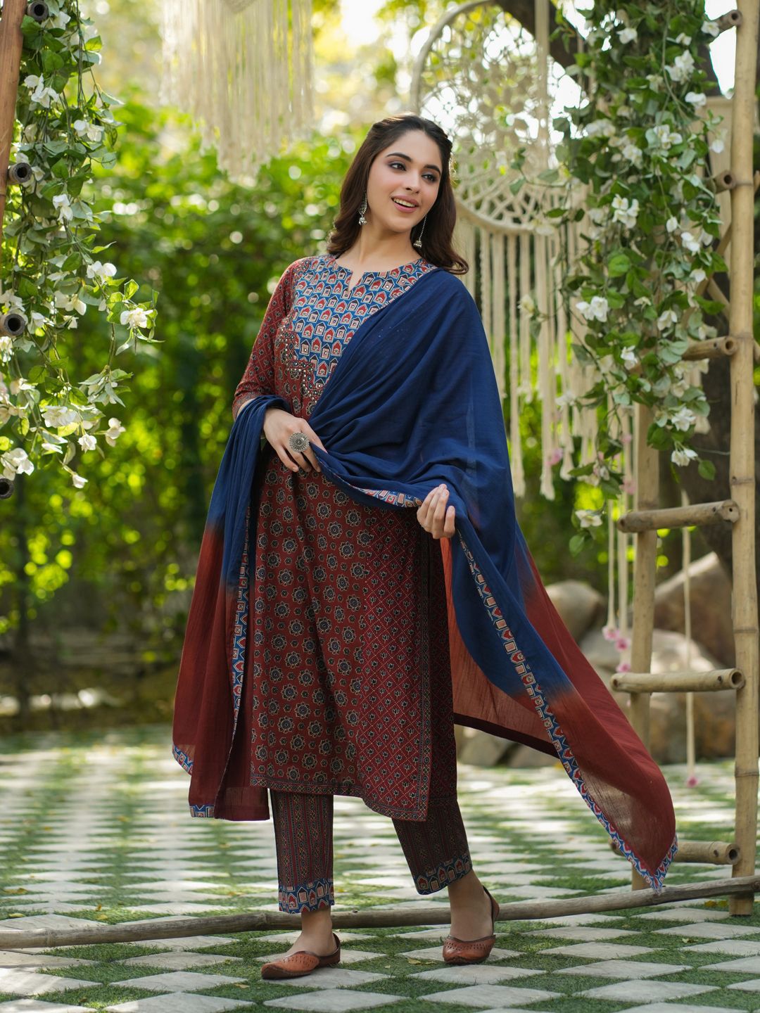 Dhiyona RR Women's Ethnic Motifs Printed Sequinned Pure Cotton Kurta with Trousers & Dupatta
