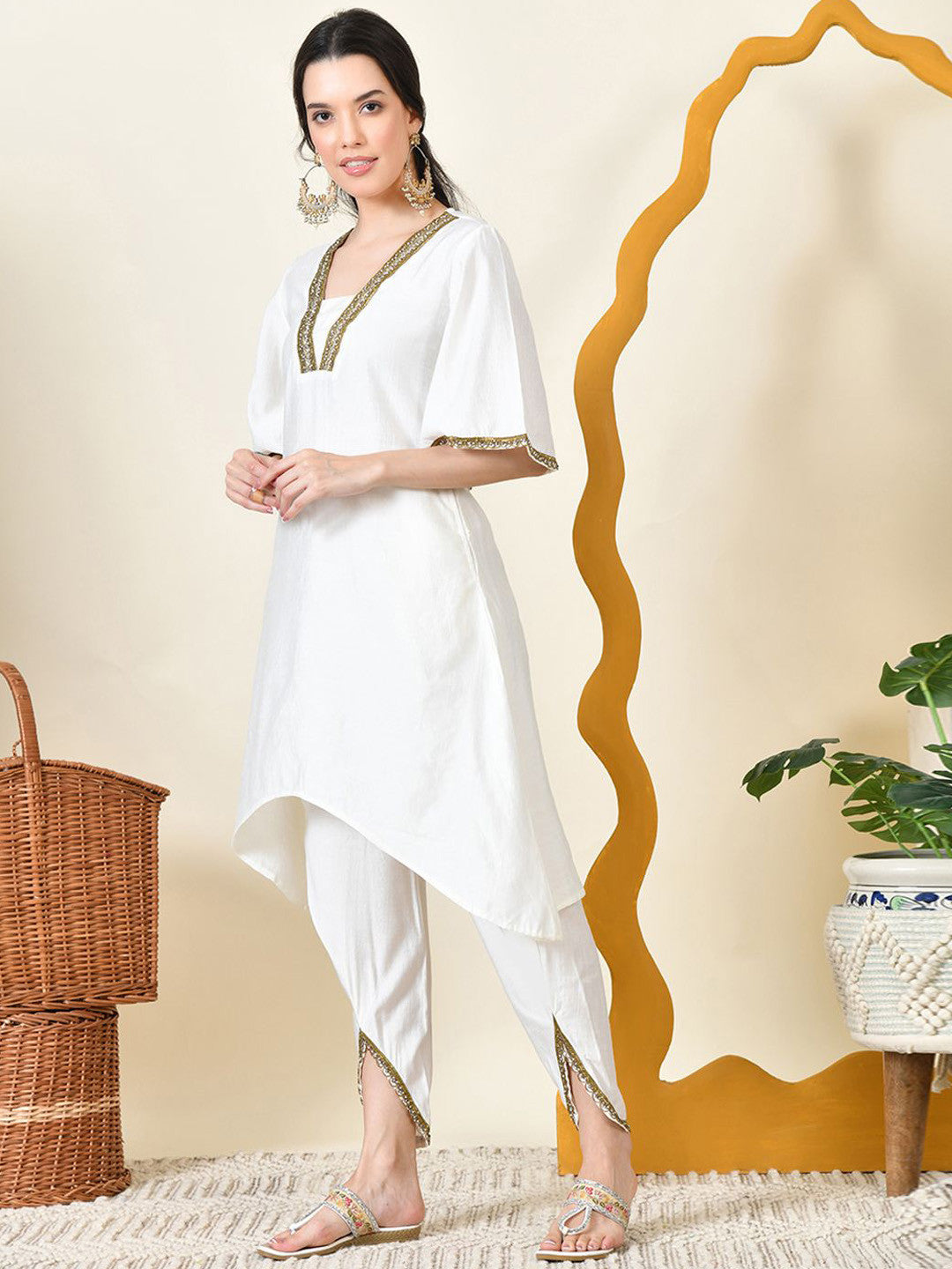 Women Floral Beads & Stones Fusion Kurta With Dhoti Pants