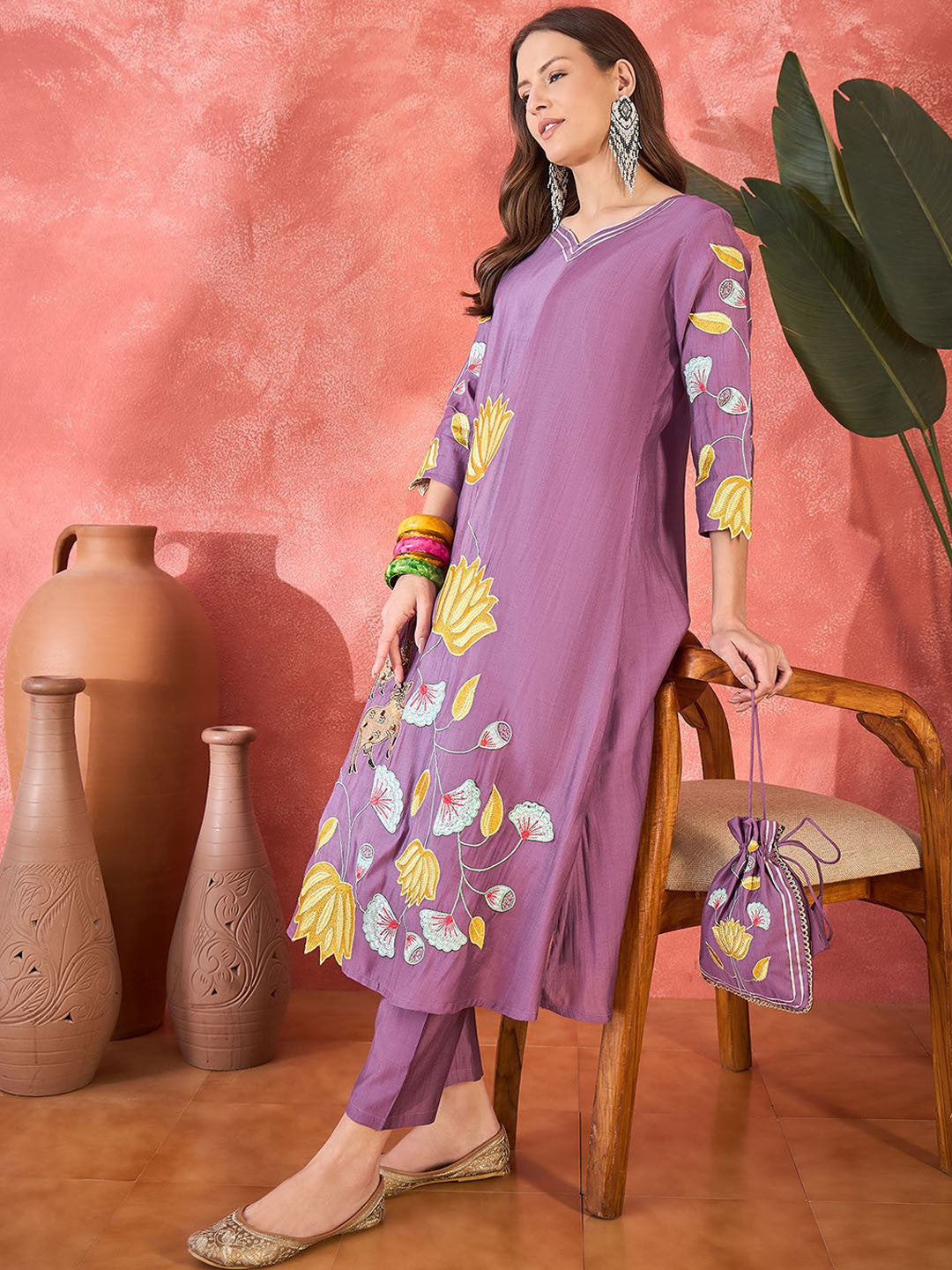 Floral Embroidered A-Line Kurta With Trousers & Bag