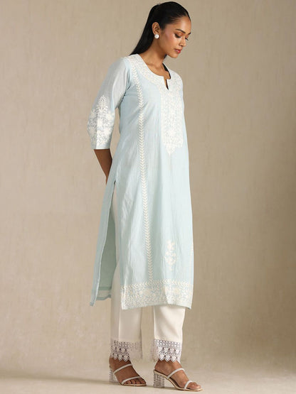 Dhiyona SO Women's Floral Embroidered Notch Neck Thread Work Cotton Straight Kurta With Trousers