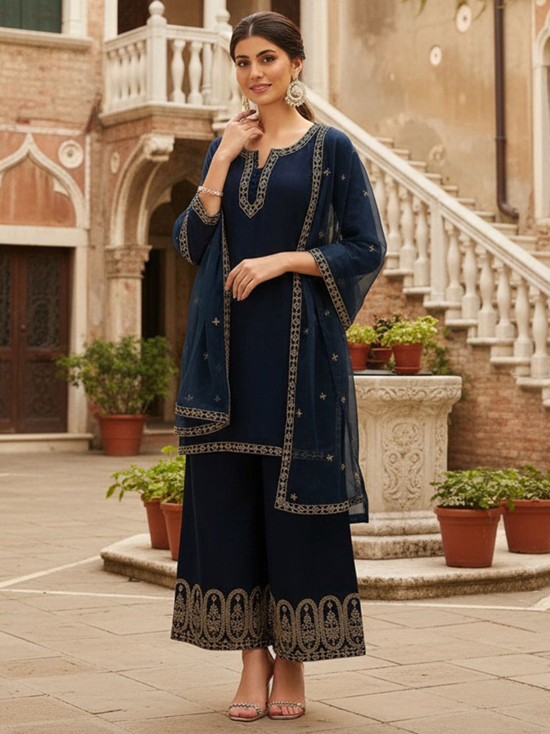 Dhiyona KL Floral Embroidered Straight Kurta with Palazzos & Dupatta