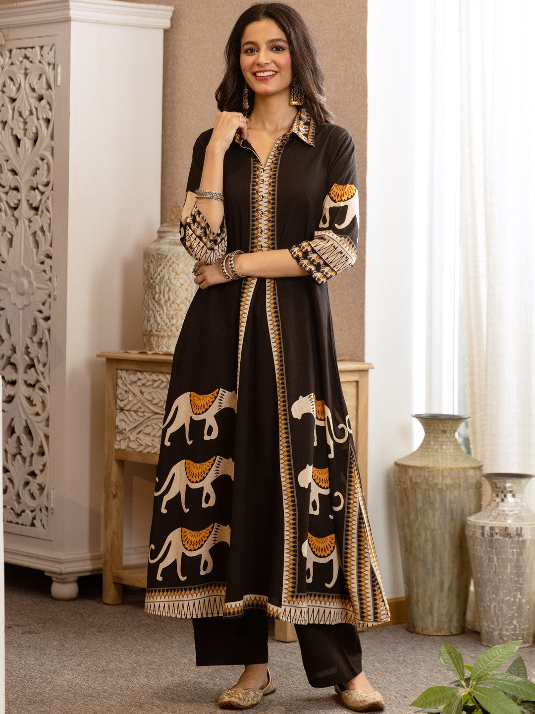 Printed Pure Cotton A-Line Kurta With Trousers