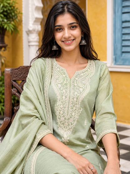 Women Ethnic Motifs Embroidered Regular Thread Work Kurta with Palazzos & With Dupatta