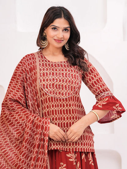 Dhiyona KL Women Ethnic Motifs Printed Cotton A-Line Kurti with Skirt & Dupatta