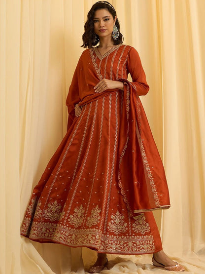 Dhiyona CH Women Ethnic Motifs Embroidered Panelled Thread Work Kurta with Trousers & With Dupatta