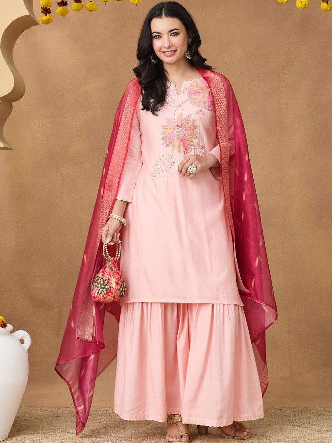Embroidered Round Neck Kurta & Sharara With Dupatta