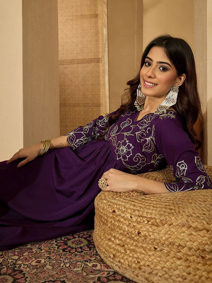 Floral Embroidered Empire Sequinned A-Line Kurta With Trouser