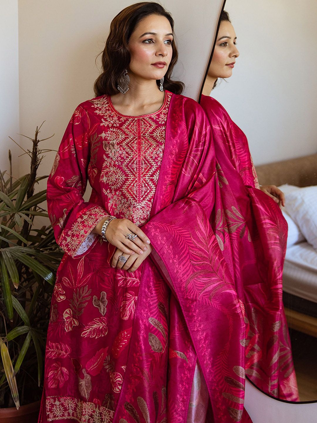 Dhiyona SN Floral Printed & Embroidered Straight Kurta & Sharara With Dupatta