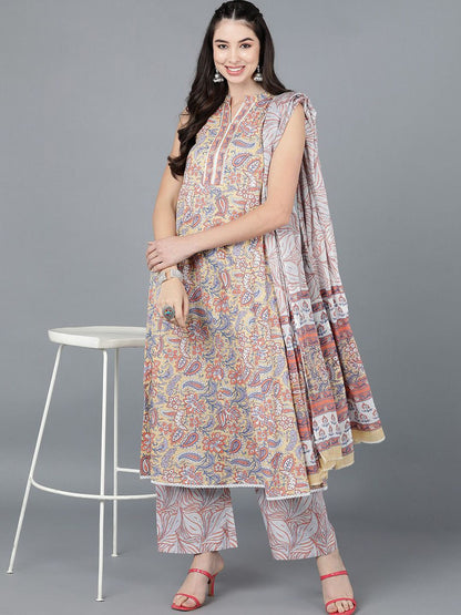 Dhiyona KL Floral Printed Empire Mandarin Collar Pure Cotton Kurta With Palazzos & Dupatta