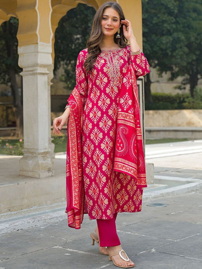 Dhiyona KL Women Ethnic Motifs Printed Regular Kurta with Trousers & With Dupatta
