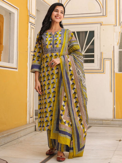 Dhiyona RR Women's Geometric Printed Pure Cotton Straight Kurta With Trousers & Dupatta