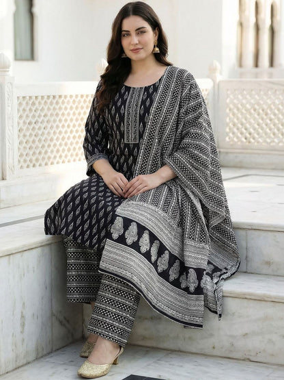 Dhiyona Women's Ethnic Motifs Printed Mirror Work Pure Cotton Kurta with Palazzos & With Dupatta