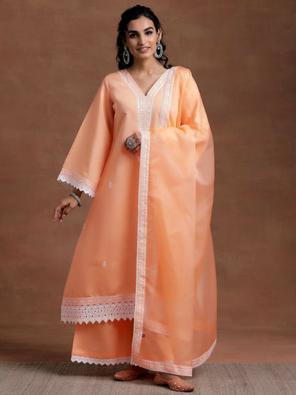 Women's LB Peach Embroidered Silk Blend A-Line Kurta With Palazzos & Dupatta