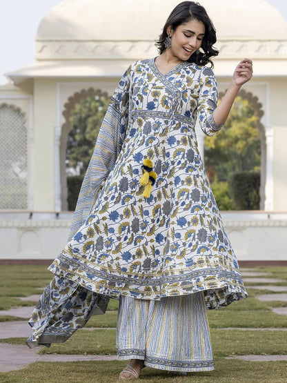 Dhiyona KL Floral Printed Angrakha A-Line Pure Cotton Kurta With Palazzos & Dupatta