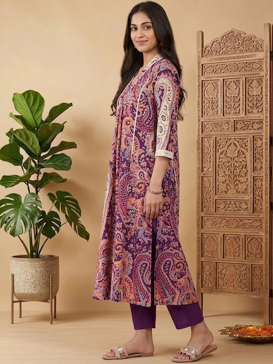 Printed V-Neck A-Line Kurta & Trousers