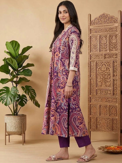 Printed V-Neck A-Line Kurta & Trousers
