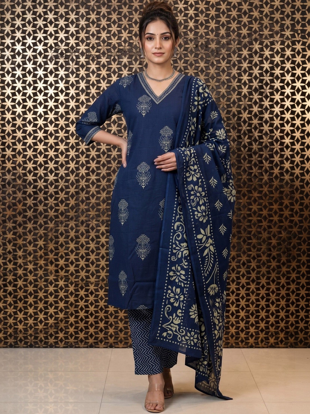 Printed Pure Cotton V-Neck Kurta & Trousers With Dupatta
