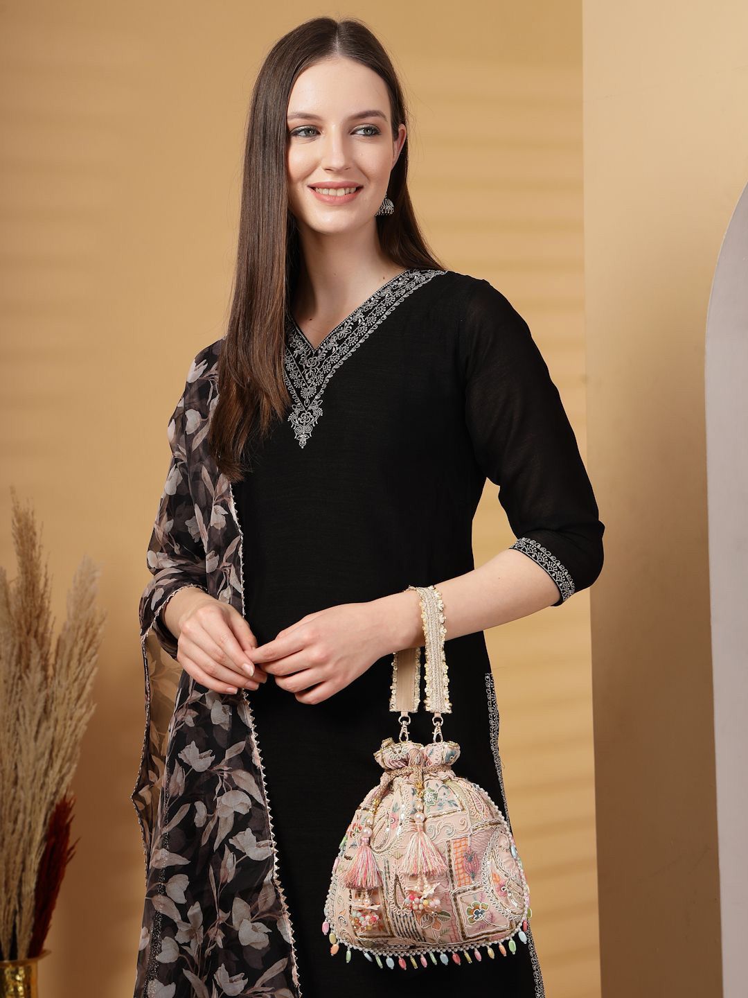 Dhiyona NR Dangle Baby Pink & Multi Abstract Embroidered Georgette Potli