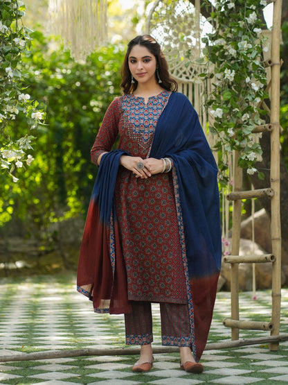 Dhiyona RR Women's Ethnic Motifs Printed Sequinned Pure Cotton Kurta with Trousers & Dupatta