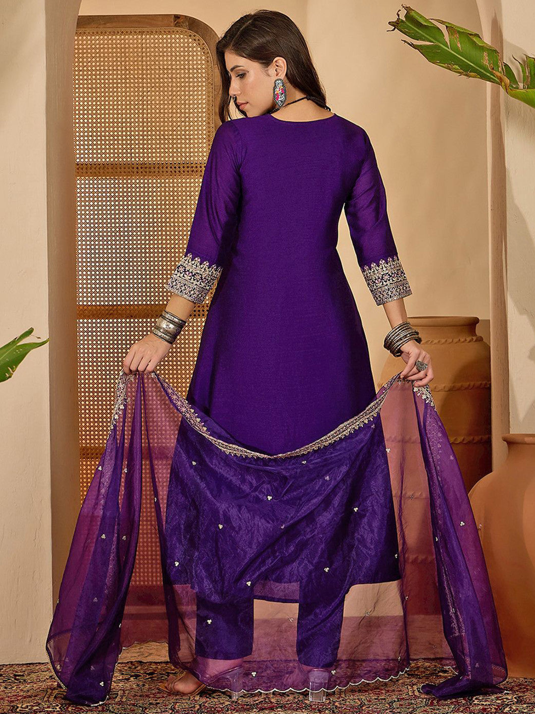 Women Zari Sequence Embroidered A-Line Kurta With Trouser & Dupatta